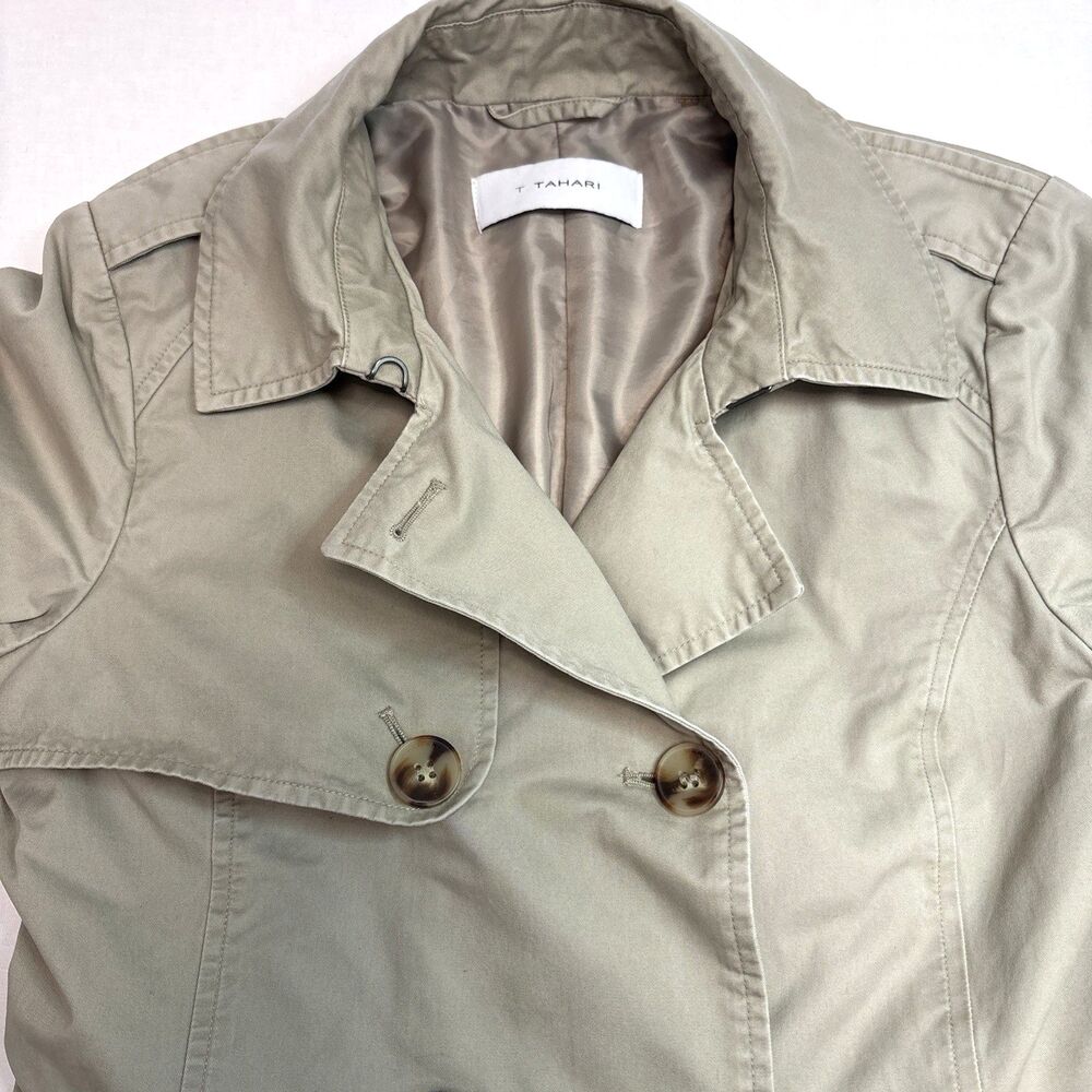 Tahari Trench Coat Khaki Double Breasted Belted Mid-Length Chest 38" Large